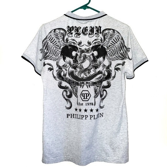 Philipp Plein Homme Gray Winged Skull Rhinestone Embelished Polo Shirt XL